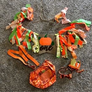 First birthday/smash cake set pumpkin theme bloomer/suspender, high chair banner